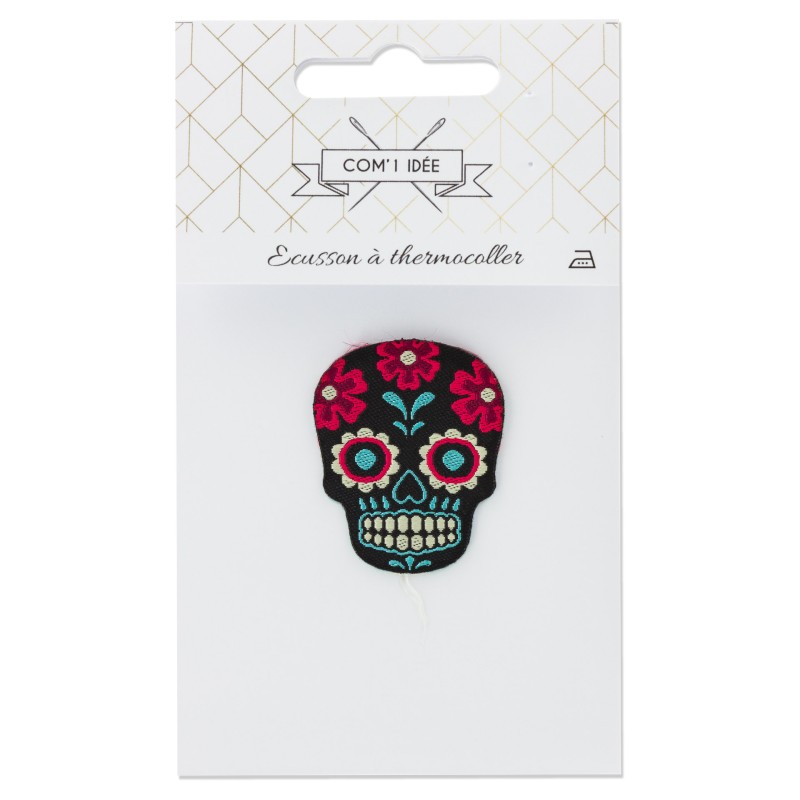ÉCUSSON À THERMOCOLLER TÊTE DE MORT 2.5X3.5CM